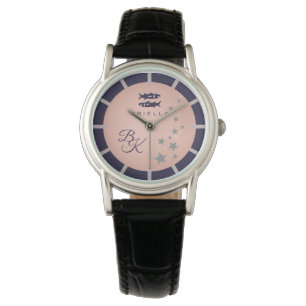 Zodiac Pisces Elegant Rosé Mörk blått Monogrammed Armbandsur