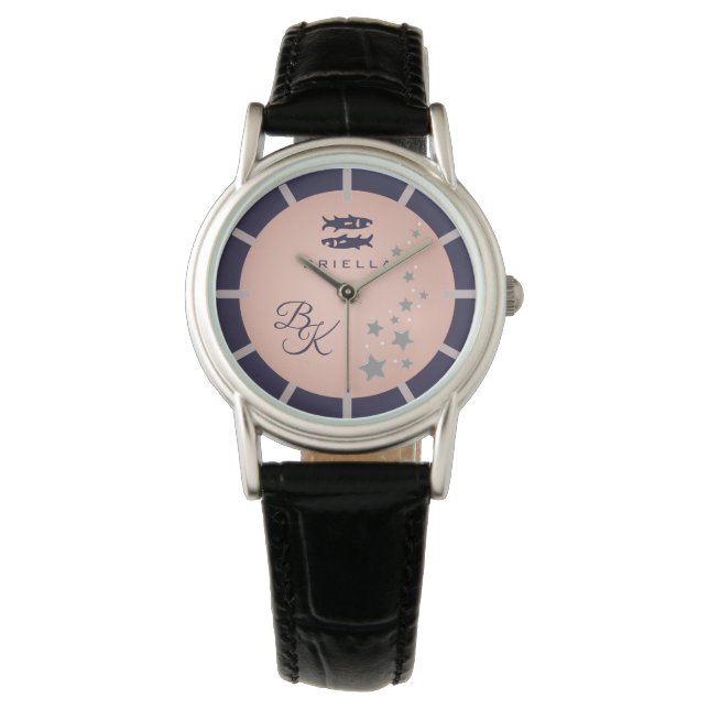 Zodiac Pisces Elegant Rosé Mörk blått Monogrammed Armbandsur (Framsida)