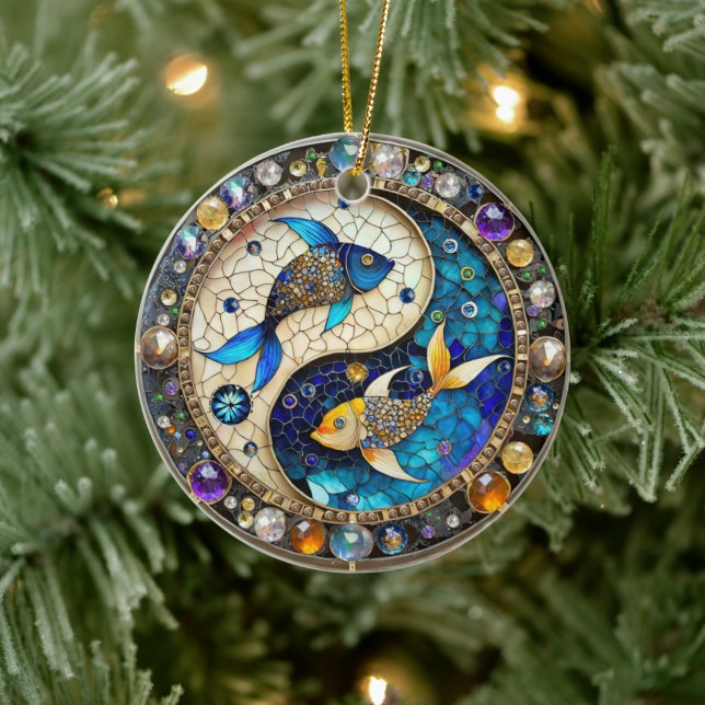 Zodiac - Pisces Fish Yin och Yang Julgransprydnad Keramik (Träd)