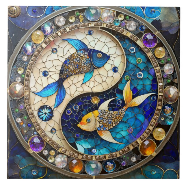 Zodiac - Pisces Fish Yin och Yang Kakelplatta (Framsidan)