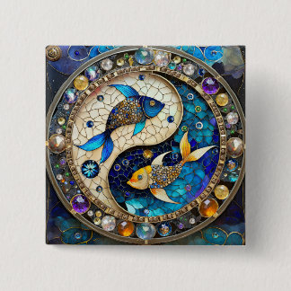 Zodiac - Pisces Fish Yin och Yang Knapp