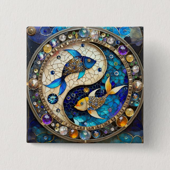 Zodiac - Pisces Fish Yin och Yang Knapp (Framsida)