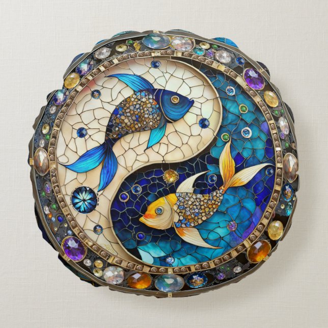 Zodiac - Pisces Fish Yin och Yang Rund Kudde (Framsidan)