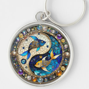 Zodiac - Pisces Fish Yin och Yang Rund Silverfärgad Nyckelring