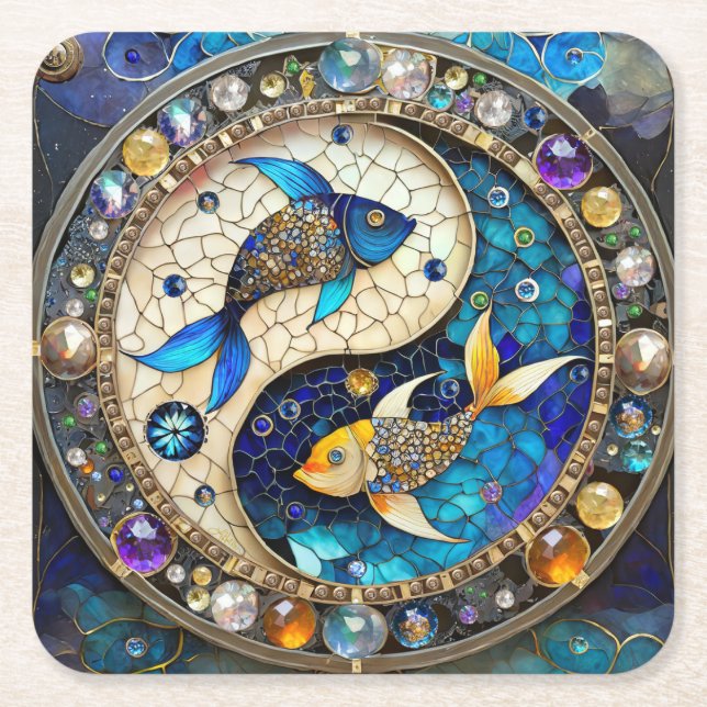 Zodiac - Pisces Fish Yin och Yang Underlägg Papper Kvadrat (Framsidan)