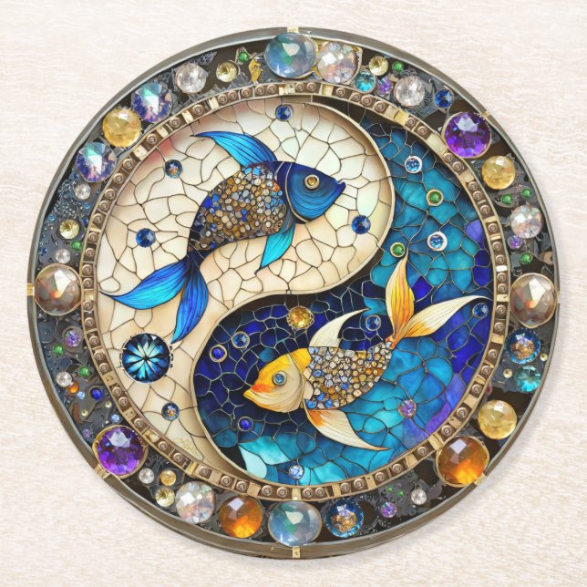 Zodiac - Pisces Fish Yin och Yang Underlägg Papper Rund (Framsidan)