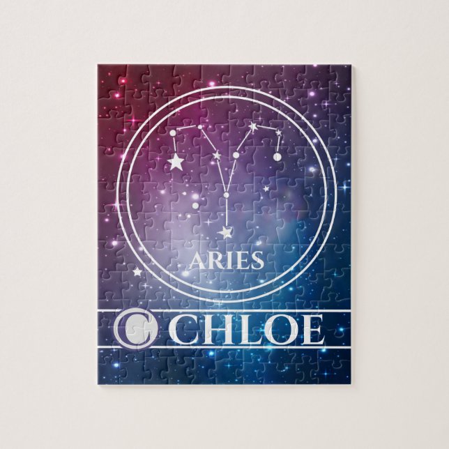 Zodiac Sign ARIES Lila Night Himlar Stars Namn Pussel (Vertikal)