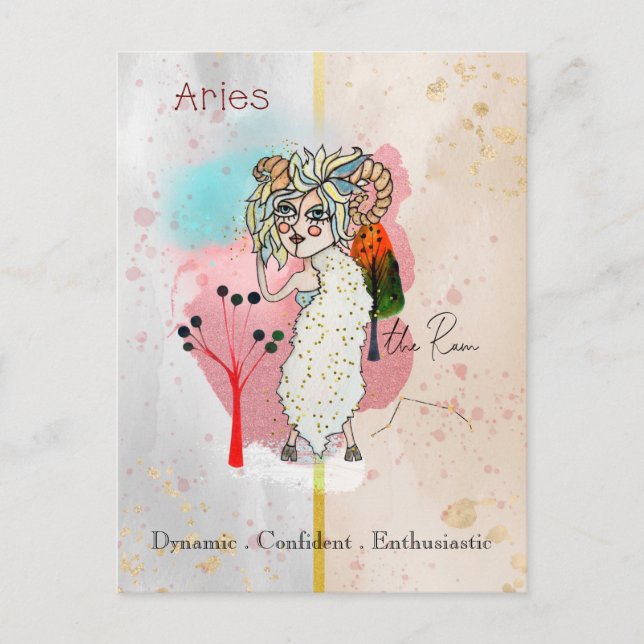 Zodiac Sign Aries Whimsical Girl Symbolic Ram Vykort (Framsida)