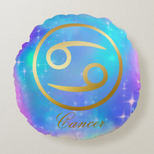 Zodiac Sign Cancer Guld på färgad bakgrund Rund Kudde