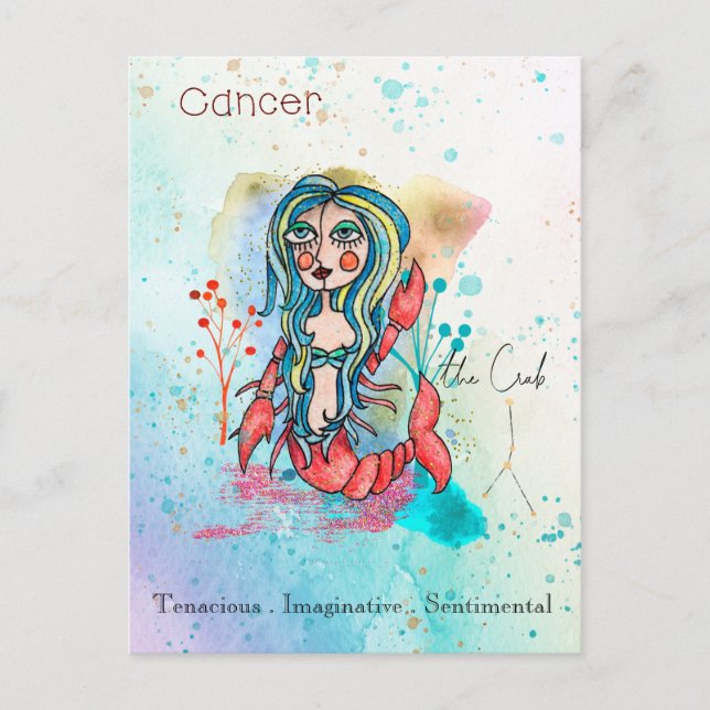Zodiac Sign Cancer Whimsical Girl Symbolic Crab Vykort (Framsida)