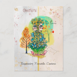 Zodiac Sign Gemini Whimsical Twillingars Grönt Gul Vykort