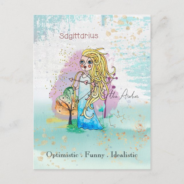 Zodiac Sign Sagittarius Archer Girl Blue Vykort (Framsida)