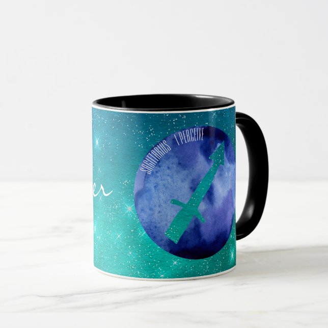 Zodiac Sign Sagittarius på Teal Starry Himlar Mugg (Framsida höger)