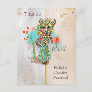 Zodiac Sign Taurus Whimsical Girl Symbolic Bull Vykort