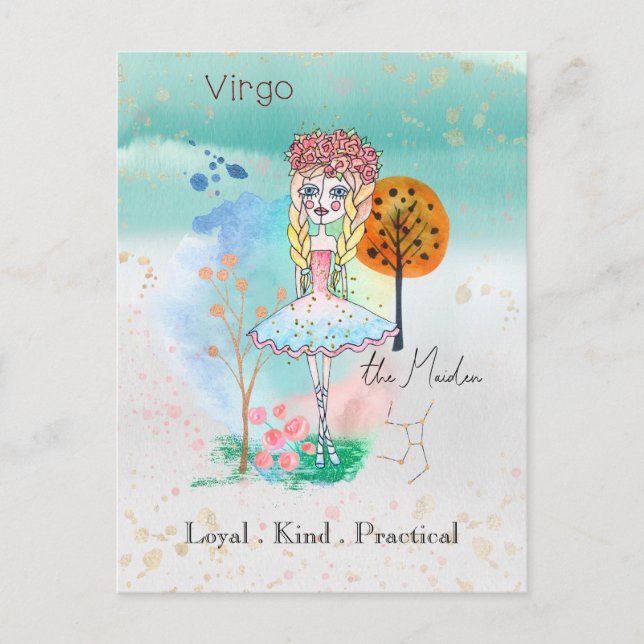 Zodiac Sign Våg Maiden Whimsical Girl Vykort (Framsida)