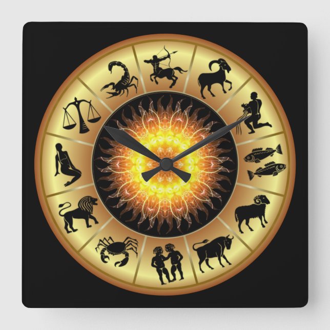 Zodiac Signs ~ Tosted Sol Center ~ Fyrkantig Klocka (Framsida)