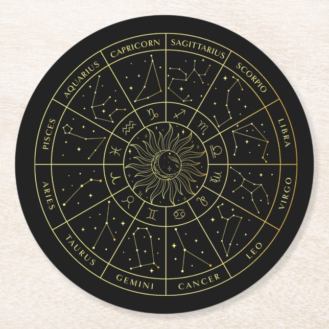 Zodiac stjärntecken horoscope-konstellationer kart underlägg papper rund (Framsidan)
