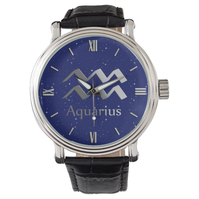 Zodiac Symbol för Aquarius på Deep Midnight Blue Armbandsur (Framsida)