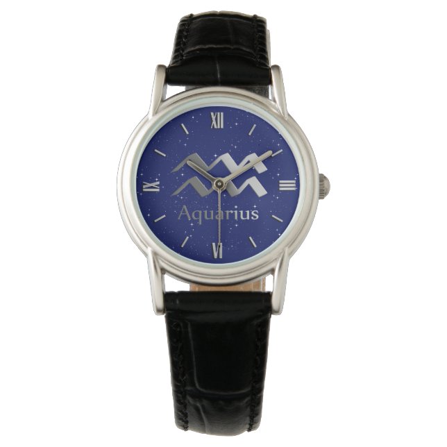 Zodiac Symbol för Aquarius på Deep Midnight Blue Armbandsur (Framsida)