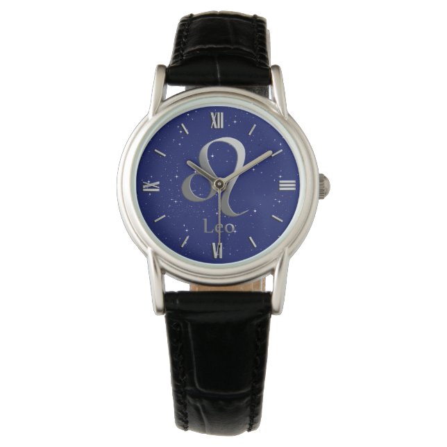 Zodiac Symbol för Leo på Deep Midnight Blue Armbandsur (Framsida)