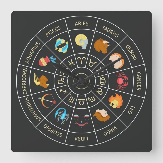 Zodiac Symbol Fyrkantig Klocka (Framsida)
