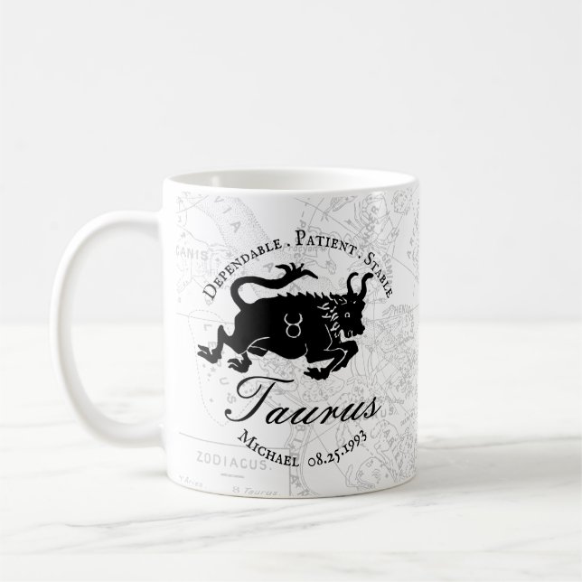Zodiac Taurus Anpassningsbar Black White Astrology Kaffemugg (Vänster)