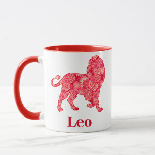 Zodiac-tecken för Leo i Röda Fractal Mönster Mugg