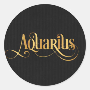 Zodiac-tecknet Aquarius Guld på svart skript Runt Klistermärke