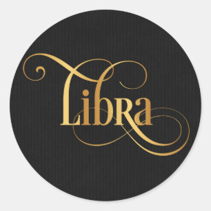Zodiac-tecknet Libra Guld på svart skript Runt Klistermärke