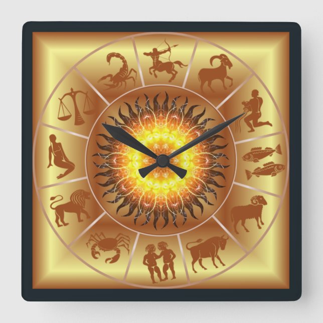 Zodiac~Toasted Sun~Western Astrology~Gold Back~ Fyrkantig Klocka (Framsida)