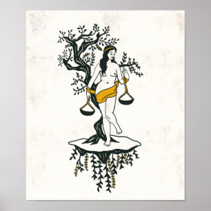 Zodiac Toile Art w/ A Woman & Libra Scales Poster
