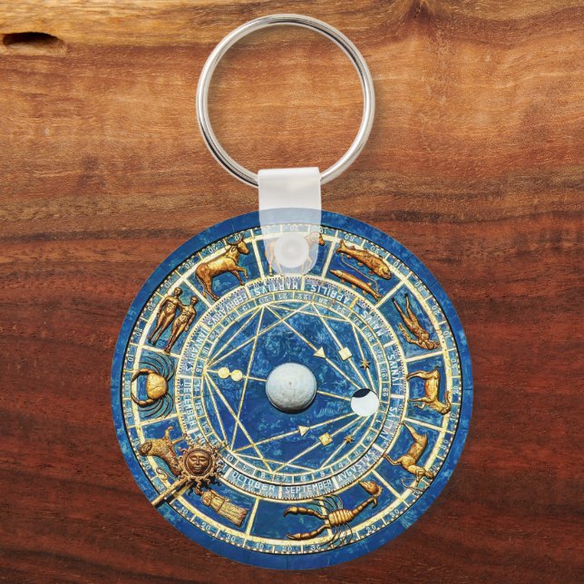 Zodiac Wheel Astrology Celestial Blue Antique Guld Nyckelring (Framsida)