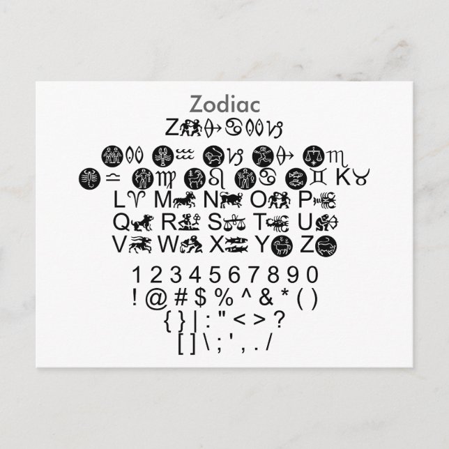 Zodiac - Zazzle Font Sampler Lakan med Guide Vykort (Framsida)