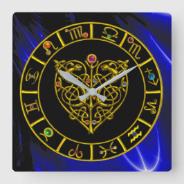 ZODIACAL SIGNS IN BLUE,GULD ASTRAL HEART Astrology Fyrkantig Klocka