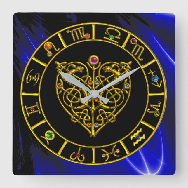 ZODIACAL SIGNS IN BLUE,GULD ASTRAL HEART Astrology Fyrkantig Klocka (Framsida)