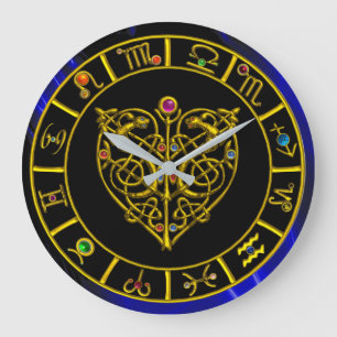 ZODIACAL SIGNS IN BLUE,GULD ASTRAL HEART Astrology Stor Klocka