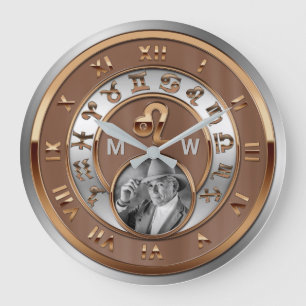 Zodiacfotoet brons silverfödelsemonogramen lejona stor klocka