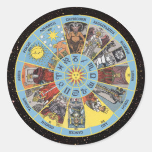 Zodiakcirkel med astrologiska symboler och styrkor runt klistermärke