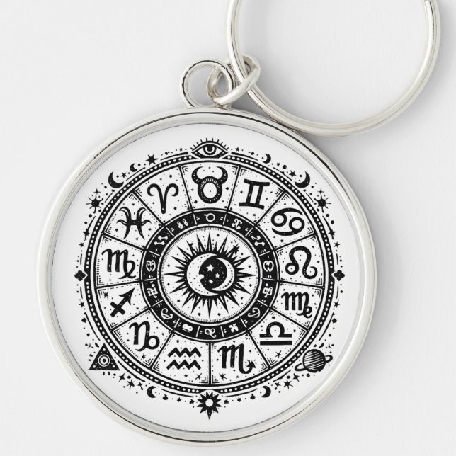 Zodiakens Arkana — De Tolv Tecknen av BurnsInHell Rund Silverfärgad Nyckelring (Framsidan)
