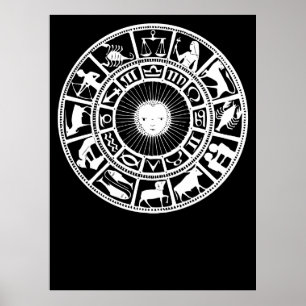 Zodiakhjul med sol och astrologiska symboler poster