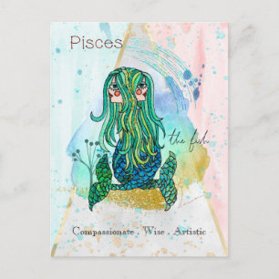 Zodiakskyltar Pisces Visical Girl Symbolic Fish Vykort