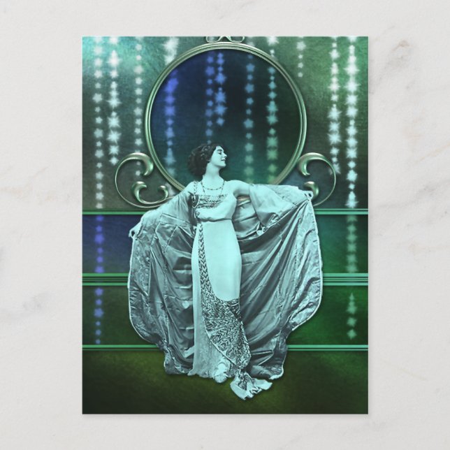 Zohara: Art Deco Woman i Aqua & Grönt Vykort (Framsida)