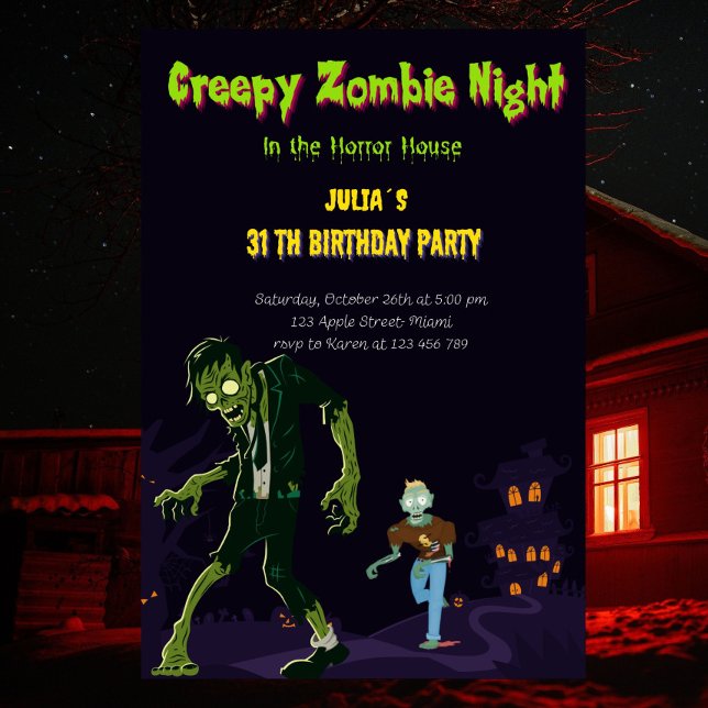 Zombie Anpassningsbar Bus eller godis Födelsedagsf Inbjudningar (zombie party invitation)