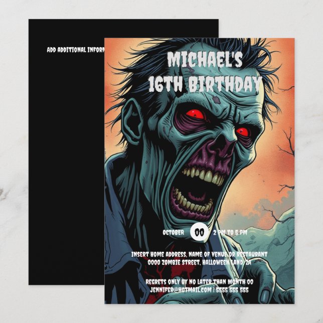 Zombie ansikte tecknad konst monsterpooki vuxnor inbjudningar (Fram/baksida)
