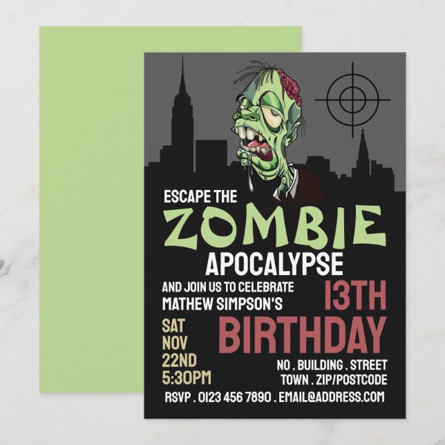Zombie Apocalypse Theme Escape Room Födelsedagsfes Inbjudningar (Fram/baksida)