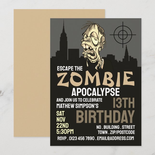 Zombie Apocalypse Theme Escape Room Födelsedagsfes Inbjudningar (Fram/baksida)