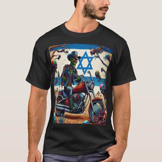 Zombie Biker in Apocalyptic Israeli Scene T Shirt (Framsida)