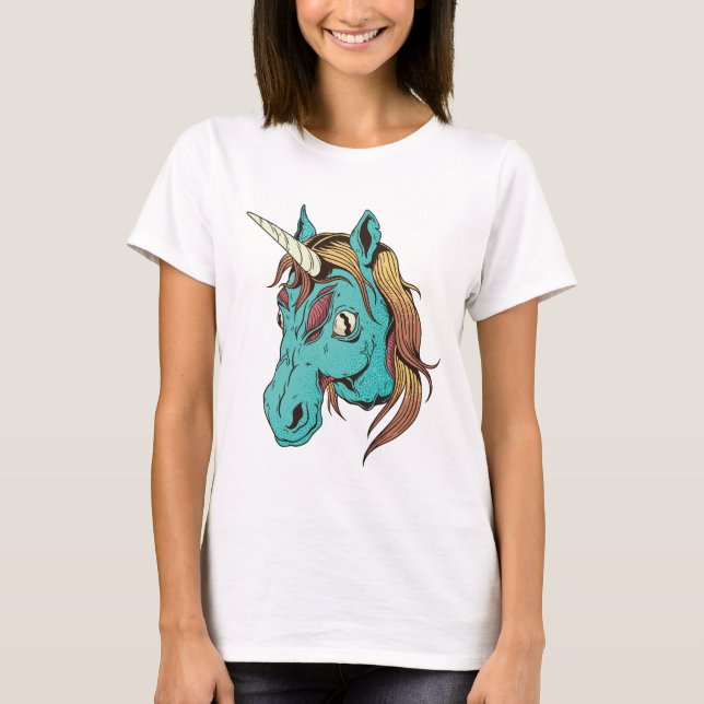 Zombie Blue Tecknad Unicorn T-Shirt (Framsida)