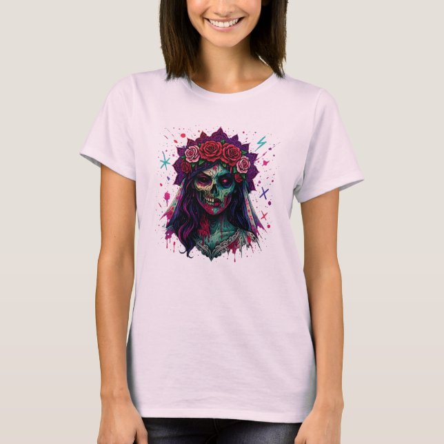 Zombie Bride Horror Halloween Art T Shirt (Framsida)