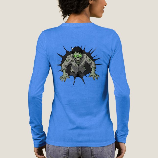 Zombie bryter genom vägg Skräckpresent T Shirt (Baksida)